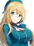  1girl aqua_eyes atago_(kantai_collection) beret black_gloves blonde_hair blue_hat blush breast_lift breasts buttons closed_mouth eyebrows_visible_through_hair frilled_sleeves frills fur_collar gloves hand_on_own_cheek hat kantai_collection large_breasts long_hair long_sleeves looking_at_viewer neckerchief shikuro_(iorimiyakiyo) simple_background smile solo white_background white_neckerchief 