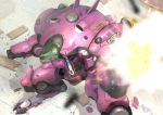  1girl armor bangs bodysuit brown_eyes brown_hair cannon character_name d.va_(overwatch) facial_mark firing gatling_gun gloves gun headphones highres logo long_hair mecha meka_(overwatch) open_mouth overwatch pilot_suit solo weapon whisker_markings white_gloves yoon_lee 