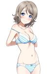  1girl blue_bra blue_eyes blue_panties blush bow bow_bra bow_panties bra breasts cleavage cowboy_shot diagonal_stripes highres light_brown_hair looking_at_viewer love_live! love_live!_sunshine!! medium_breasts navel panties rozen5 short_hair simple_background smile solo strap_slip striped striped_bra striped_panties underwear underwear_only watanabe_you white_background 