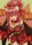  1girl absurdres animal_ears bell bell_collar breasts cleavage collar fangs fate/grand_order fate_(series) fox_ears fox_tail green_background hair_ribbon highres large_breasts long_hair looking_at_viewer open_mouth paws pink_hair ribbon simple_background solo tail tamamo_(fate)_(all) tamamo_cat_(fate) yasu_(segawahiroyasu) yellow_eyes 