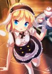  1girl :d animal_ears apron arm_up bangs black_skirt blonde_hair blue_eyes blush breasts chair collared_shirt commentary_request cowboy_shot cup eyebrows_visible_through_hair fake_animal_ears fleur_de_lapin_uniform floppy_ears frilled_apron frilled_skirt frills from_above gochuumon_wa_usagi_desu_ka? headdress highres holding holding_tray indoors kirima_sharo looking_at_viewer mokachino open_mouth puffy_short_sleeves puffy_sleeves rabbit_ears saucer shirt short_hair short_sleeves signature skirt small_breasts smile solo standing standing_on_one_leg table teacup teapot thigh-highs tile_floor tiles tray underbust waist_apron white_apron white_legwear white_shirt wing_collar zettai_ryouiki 