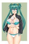  1girl absurdres arm_across_waist bell between_breasts bikini blue_eyes blush breasts chechoski cowboy_shot crossed_arms cui_yifei eyebrows_visible_through_hair fang frilled_bikini frills gluteal_fold green_bikini_top green_hair hair_bell hair_ornament highres jacket_on_shoulders large_breasts long_hair looking_at_viewer muvluv muvluv_alternative navel nose_blush open_mouth side-tie_bikini smile solo stomach swimsuit teeth thigh_gap twintails two-tone_bikini two_side_up very_long_hair white_bikini_bottom 