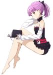  1girl alternate_hairstyle bare_shoulders barefoot book bow detached_sleeves fate/grand_order fate_(series) flat_chest full_body hair_bow helena_blavatsky_(fate/grand_order) looking_at_viewer looking_to_the_side plantar_flexion purple_hair shiime short_hair short_ponytail simple_background sketch solo strapless tree_of_life upper_body violet_eyes white_background 
