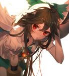  1girl ahoge arm_cannon backlighting bent_over blush bow breasts brown_hair cape cleavage green_skirt hair_bow hand_in_hair kikugetsu light_particles long_hair looking_at_viewer nose_blush parted_lips puffy_short_sleeves puffy_sleeves red_eyes reflective_eyes reiuji_utsuho shiny shiny_hair shirt short_sleeves sidelocks simple_background skirt small_breasts solo thighs third_eye touhou weapon white_background white_shirt 