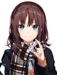  1girl arisaka_ako bangs blazer blue_eyes brown_hair chess_piece jacket original plaid plaid_scarf scarf school_uniform short_hair simple_background smile solo upper_body white_background 