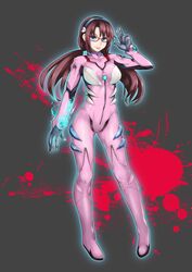  1girl blue_eyes blue_hairband bodysuit breasts brown_hair energy full_body hairband highres long_hair looking_at_viewer low_twintails makinami_mari_illustrious medium_breasts neon_genesis_evangelion pink_bodysuit plugsuit red-framed_eyewear smile solo tongue tongue_out twintails v yashichii 