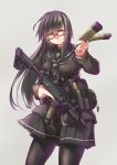  1girl ayyh belt black_hair contrapposto eyebrows_visible_through_hair glasses highres long_hair looking_at_viewer looking_to_the_side magazine_(weapon) original pantyhose pleated_skirt pouch red_eyes school_uniform semi-rimless_glasses simple_background skirt smile solo sweater trigger_discipline utility_belt wind 