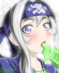  1girl admiral_paru artist_name bandanna blue_eyes blush dated dress food kamoi_(kantai_collection) kantai_collection looking_at_viewer popsicle solo white_hair 