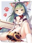  1girl absurdres ahoge akashi_(azur_lane) animal_ears azur_lane bell bell_choker cat_ears choker commentary_request fang flat_chest green_hair highres long_hair looking_at_viewer machinery open_mouth paw_print ribbon_choker satou_(3366_s) screwdriver simple_background sitting sleeves_past_wrists solo wrench yellow_eyes 