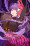  1girl arm_up belt bodysuit bow breasts fate/extra fate/extra_ccc fate_(series) hair_bow hair_ribbon huge_breasts long_hair looking_at_viewer oslo parted_lips passion_lip purple_hair red_cucumber red_eyes ribbon 