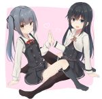  2girls :d asashio_(kantai_collection) belt black_hair black_legwear black_ribbon blue_eyes blush buttons cropped_jacket dress hair_ribbon heart highres jacket kantai_collection kasumi_(kantai_collection) kneehighs long_hair long_sleeves looking_at_viewer multiple_girls neck_ribbon open_mouth palms_together pantyhose pinafore_dress red_ribbon remodel_(kantai_collection) ribbon school_uniform shirt shoes_removed side_ponytail silver_hair simple_background sitting sleeveless sleeveless_dress smile white_shirt yellow_eyes yuki_(yukin0128) 