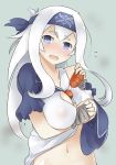  1girl akihara_nakuru bandage bandanna between_breasts blue_eyes blush breasts carrot dress erect_nipples full-face_blush kamoi_(kantai_collection) kantai_collection large_breasts long_hair looking_at_viewer navel open_mouth sideboob solo upper_body white_hair 