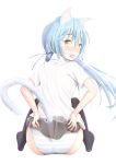  1girl animal_ears ass bangs black_legwear blue_hair blue_panties blush cat_ears cat_girl cat_tail collared_shirt embarrassed eyebrows_visible_through_hair hair_between_eyes hands_on_own_ass highres long_hair looking_at_viewer looking_back low_twintails mochiyuki nose_blush open_mouth original panties shirt short_sleeves simple_background sitting solo striped striped_panties tail thigh-highs twintails underwear upskirt white_background white_panties white_shirt yellow_eyes 