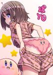  ... 1girl 1other :d :o ? arched_back ascii_media_works ass back blue_eyes blush_stickers breasts brown_hair bushiroad character_print commentary_request face_print from_behind girl hal_laboratory_inc. highres hoshi_no_kirby human kirby kirby_(series) looking_at_viewer looking_back love_live! love_live!_sunshine!! nintendo open_mouth panties pants_pull pink_panties pink_puff_ball shikei_(jigglypuff) shirt short_hair short_sleeves shorts smile solo star super_smash_bros. t-shirt text thighs tokyo_mx under_boob underwear watanabe_you 