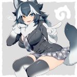  1girl animal_ears aqua_eyes black_hair blush breast_pocket breasts buttons cuffs elbow_rest eyebrows_visible_through_hair fang fur_collar gloves grey_background grey_legwear grey_skirt grey_wolf_(kemono_friends) heart heterochromia japari_symbol kemono_friends kiri_futoshi large_breasts leaning_to_the_side legs_crossed long_sleeves medium_hair multicolored_hair necktie open_mouth outside_border plaid plaid_necktie plaid_skirt pleated_skirt pocket pointing protected_link sitting skindentation skirt smile solo spiky_hair streaked_hair tail thigh-highs thighs white_gloves wolf_ears wolf_tail yellow_eyes zettai_ryouiki 