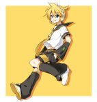  1boy bass_clef blonde_hair blue_eyes detached_sleeves grin hands_in_pockets headphones headset kagamine_len leg_warmers navel necktie sailor_collar shirt_lift shorts smile solo sudachi_(calendar) vocaloid yellow_background yellow_necktie 