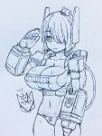  1girl bangs bikini blunt_bangs breasts cannon cleavage decepticon hair_over_one_eye highres large_breasts looking_at_viewer mecha_musume monochrome navel personification salute short_hair simple_background sketch solo soundwave swimsuit transformers tsuji_santa white_background 