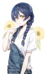  1girl absurdres alternate_costume alternate_hairstyle blue_hair blush braid eyebrows_visible_through_hair flower highres long_hair looking_at_viewer love_live! love_live!_school_idol_project open_mouth overalls solo sonoda_umi sunflower twin_braids yellow_eyes yohan1754 