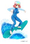  &gt;:d 1girl :d absurdres angelic_saga bangs barefoot blunt_bangs blush breasts covered_navel full_body green_eyes hat highres large_breasts looking_at_viewer official_art open_mouth original redhead short_hair skin_tight smile solo surfboard surfing waves wetsuit yashichii 