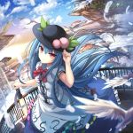 1girl bangs bird black_hat blue_hair blue_skirt blue_sky bow bowtie building center_frills clouds cloudy_sky collared_shirt day feathers floating_hair floating_island floating_rock food fruit hat hat_tip highres hinanawi_tenshi janne_cherry long_hair looking_at_viewer outdoors peach puffy_short_sleeves puffy_sleeves red_bow red_bowtie red_eyes shirt short_sleeves skirt sky solo sword_of_hisou touhou very_long_hair white_shirt wind wing_collar