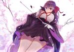  1girl bangs bb_(fate/extra_ccc) black_dress breasts cherry_blossoms dress fate/extra fate/extra_ccc fate_(series) from_below gevjon gloves hair_ribbon highres large_breasts long_hair long_sleeves looking_at_viewer looking_down neck_ribbon purple_hair red_ribbon ribbon riding_crop smile solo very_long_hair violet_eyes white_gloves wide_sleeves 