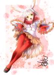  1girl bangs bird_tail blunt_bangs blush brown_skirt drop_shadow feather-trimmed_sleeves foreshortening full_body fur_collar gloves head_wings japanese_crested_ibis_(kemono_friends) kemono_friends long_sleeves looking_at_viewer multicolored_hair open_mouth pantyhose pleated_skirt reaching_out red_gloves red_legwear redhead shirt sidelocks silver_hair skirt solo two-tone_hair white_shirt yellow_eyes yua_(checkmate) 