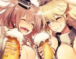  2girls beer_mug blonde_hair blue_eyes blush breasts closed_eyes collar fingernails grin hat iowa_(kantai_collection) kantai_collection kodama_(wa-ka-me) large_breasts long_hair looking_at_viewer multiple_girls one_eye_closed open_mouth redhead saratoga_(kantai_collection) side_ponytail smile 