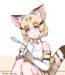  1girl animal_ears bare_shoulders blonde_hair blush bow bowtie cat_ears cat_tail disco_brando elbow_gloves eyebrows_visible_through_hair gloves highres kemono_friends multicolored_hair open_mouth sand_cat_(kemono_friends) shirt short_hair sitting sleeveless sleeveless_shirt streaked_hair striped_tail tail triangle_mouth white_shirt yellow_eyes 