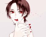  1boy bare_shoulders brown_hair earrings eyelashes face jewelry kashuu_kiyomitsu looking_at_viewer makeup male_focus mole mole_under_mouth nail_polish pale_skin red_eyes red_lips red_nails short_hair simple_background solo topless touken_ranbu yuki_vvvv 