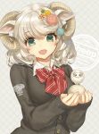  1girl animal_ears ball bangs bow bowtie breasts cardigan collared_shirt eyebrows_visible_through_hair full_body green_eyes grey_hair hair_ornament hands_up holding holding_ball horns kawaku large_breasts looking_at_viewer open_mouth original red_bow red_bowtie sheep sheep_ears sheep_girl sheep_horns shirt silver_hair sleeves_past_wrists smile solo striped striped_bow striped_bowtie swept_bangs wavy_hair white_shirt yarn_ball 