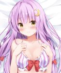  1girl blush bow bra breasts cleavage closed_mouth collarbone commentary_request crescent crescent_hair_ornament eyebrows_visible_through_hair hair_bow hair_ornament highres hyurasan long_hair looking_at_viewer lying medium_breasts no_hat no_headwear on_back patchouli_knowledge purple_bra purple_hair red_bow solo striped striped_bra sweat sweatdrop touhou underwear upper_body yellow_eyes 