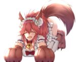  1girl animal_ears apron bell bell_collar breasts closed_eyes collar fate/grand_order fate_(series) fox_ears fox_tail gloves kanikou large_breasts long_hair maid_headdress naked_apron open_mouth paw_gloves paw_shoes paws pink_hair ponytail shoes simple_background solo tail tamamo_(fate)_(all) tamamo_cat_(fate) thigh-highs white_background white_legwear 