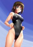  1girl bare_shoulders blue_eyes breasts brown_hair competition_swimsuit covered_navel dutch_angle eyebrows_visible_through_hair from_below gluteal_fold grin highleg highleg_swimsuit katahira_masashi medium_breasts one-piece_swimsuit original simple_background smile solo swimsuit swimsuit_lift wet 