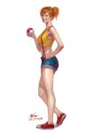  1girl denim denim_shorts holding holding_poke_ball in-hyuk_lee kasumi_(pokemon) orange_hair poke_ball pokemon realistic shoes short_shorts shorts side_ponytail smile solo suspenders 