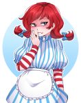 1girl apron bangs blue_eyes blush bow freckles hair_bow highres iwbitu-sa outline redhead sidelocks solo striped wendy&#039;s wendy_(wendy&#039;s) white_outline 