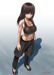  10s 1girl abazu-red bangs belt black_pants black_shoes blunt_bangs breasts brown_eyes brown_hair cleavage commentary flats frown full_body girls_und_panzer large_breasts long_hair mature midriff navel nishizumi_shiho no_shirt pants shadow shoes solo sports_bra standing twitter_username 