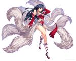  1girl ahri atomix black_hair blush breasts detached_sleeves fox fox_tail korean_clothes league_of_legends legs long_hair looking_at_viewer medium_breasts multiple_tails simple_background smile solo tail thighs yellow_eyes 