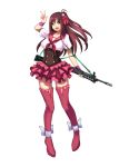  1girl :d absurdres boots breasts brown_hair collarbone corset full_body green_eyes gun hair_between_eyes hair_ornament hair_ribbon highres holding holding_gun holding_weapon layered_skirt long_hair looking_at_viewer medium_breasts miniskirt one_side_up open_mouth original pink_boots pink_legwear pink_skirt red_ribbon ribbon rifle school_uniform serafuku short_sleeves skirt smile solo standing thigh-highs thigh_boots thighhighs_over_boots v weapon wristband yashichii zettai_ryouiki 