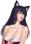  1girl absurdres ahri animal_ears bangs bare_arms bare_shoulders black_hair breasts cleavage clothes_pull collarbone dress fingernails fox_ears highres karmiel korean_clothes large_breasts league_of_legends long_fingernails long_hair looking_at_viewer nail_polish parted_lips pulled_by_self red_nails sharp_fingernails slit_pupils smile solo strapless strapless_dress swept_bangs tube_dress upper_body whisker_markings yellow_eyes 