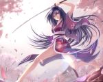  1girl arm_up atomix bare_legs barefoot black_hair building cherry_blossoms commentary japanese_clothes katana kimono lens_flare long_hair original petals short_kimono short_yukata solo sword violet_eyes watermark weapon web_address yukata 