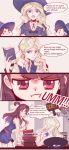  4koma angry barbara_(little_witch_academia) book closed_eyes comic diana_cavendish english half-closed_eyes hanna_(little_witch_academia) hat highres kagari_atsuko library little_witch_academia pout smile speech_bubble tears text wavy_mouth witch_hat yuri 