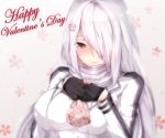 1girl bangs bear_hair_ornament black_gloves blush breast_press breasts closed_mouth eyebrows_visible_through_hair eyes_visible_through_hair gift girls_frontline gloves hair_between_eyes hair_ornament hair_over_one_eye hairclip happy_valentine heart heart_print holding holding_gift jacket large_breasts long_hair looking_at_viewer pk_(girls_frontline) red_eyes scarf sidelocks silver_hair smile solo valentine very_long_hair white_scarf zuo_wei_er 