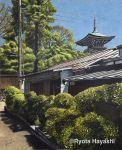  artist_name building bush colored_pencil_(medium) commentary_request dated house landscape no_humans original outdoors pagoda power_lines ryota884 scenery signature sky traditional_media tree watermark 