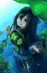  1girl :q absurdres artist_request asui_tsuyu belt black_eyes black_hair bodysuit boku_no_hero_academia frog frog_girl green_bodysuit hair_between_eyes highres leaf lily_pad long_hair looking_at_viewer solo tongue tongue_out wading water wet wet_clothes 