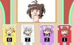  5girls ahoge arashi_(kantai_collection) black_vest blonde_hair bow bowtie brown_eyes brown_hair character_name chibi closed_eyes commentary_request grey_eyes hagikaze_(kantai_collection) idolmaster kamelie kantai_collection long_hair maikaze_(kantai_collection) multiple_girls necktie nonowa nowaki_(kantai_collection) open_mouth ponytail purple_hair school_uniform short_hair short_sleeves silver_hair sitting skirt smile vest violet_eyes 