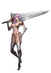  &gt;:( 1girl absurdres armor armpits bikini_armor boots braid breasts closed_mouth full_body greaves hair_over_one_eye hair_over_shoulder hand_on_hip high_heel_boots high_heels highres holding holding_sword holding_weapon huge_weapon karmiel knight lavender_hair long_hair looking_at_viewer medium_breasts navel original over_shoulder pauldrons serious single_braid solo standing stomach sword thigh-highs thigh_boots vambraces weapon weapon_over_shoulder yellow_eyes 