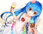  1girl bangs blue_hair collarbone dress dutch_angle efe food fruit gradient gradient_background hair_between_eyes hinanawi_tenshi holding holding_spoon ice_cream licking_lips long_hair peach red_eyes smile solo_focus spoon tongue tongue_out touhou white_dress 
