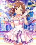  1girl alternate_costume artist_request bangs bare_shoulders blush breasts brown_eyes brown_hair cinderella_dream cleavage frills gloves hair_ornament idolmaster idolmaster_cinderella_girls jewelry large_breasts looking_at_viewer microphone necklace official_art smile solo star tiara totoki_airi twintails 