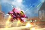  2girls arm_cannon battle blue_sky clouds cloudy_sky d.va_(overwatch) dated day desert firing gatling_gun gun holding holding_gun holding_weapon mecha meka_(overwatch) multiple_girls outdoors overwatch shan_zhui signature sky tracer_(overwatch) weapon 