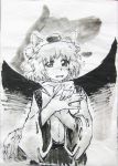  1girl animal_ears detached_sleeves full_moon hakama hand_puppet inubashiri_momiji japanese_clothes moon puppet sketch smile solo stufquin tail touhou wolf_ears wolf_tail 